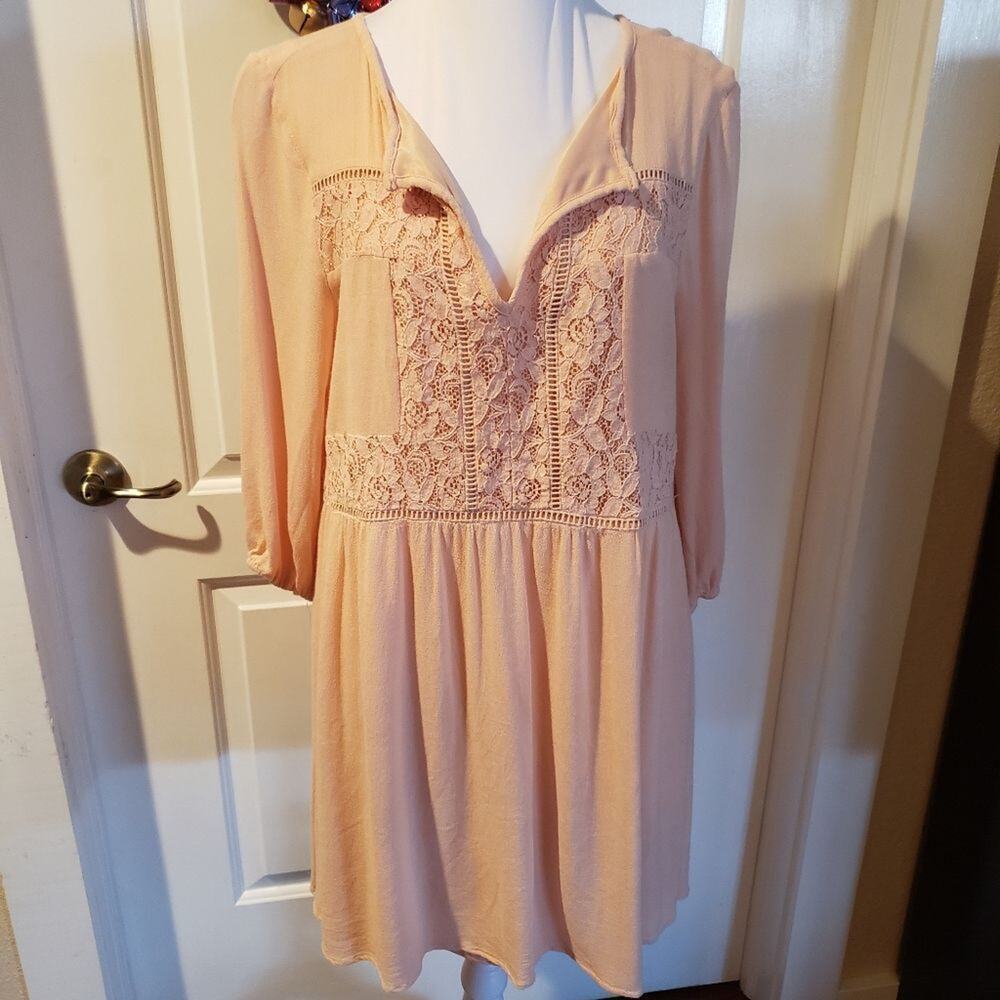 Miami peach cottagecore V neck empire waist tunic top with elastic cuff Lg